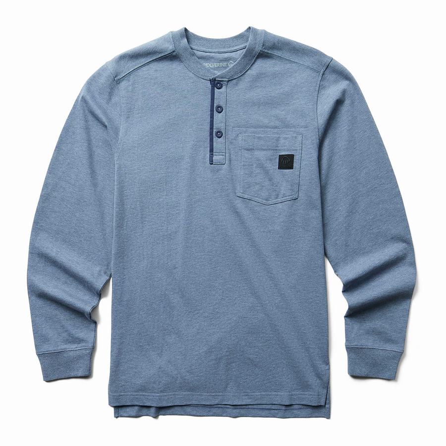 Wolverine Guardian Cotton™ Long Sleeve Henley T Shirts Herre Blå | TCH6594KK